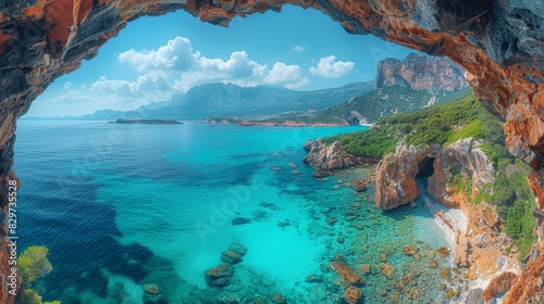 A breathtaking panoramic view of a turquoise sea from the mouth of a rocky cave, under a sunny cloud-filled sky