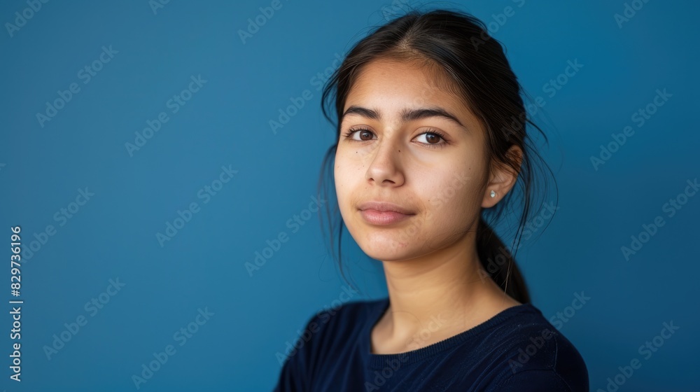 Young female student portrait against blue backdrop Young female student portrait against blue backdrop