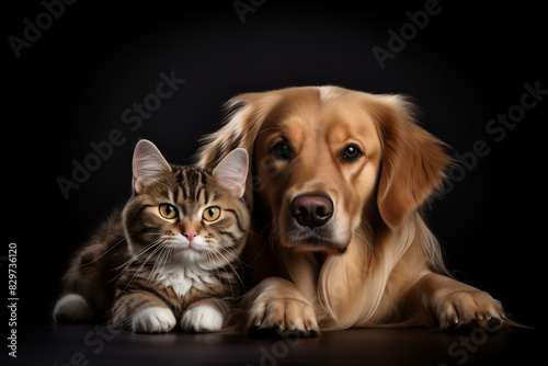  Golden Retriever and cat sitting together on black background, looking at the camera, portrait photo. © Positive Click