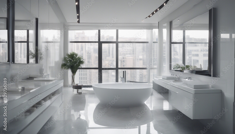 Fototapeta premium hotel bathroom, white glossy color, interior design, ad shot 