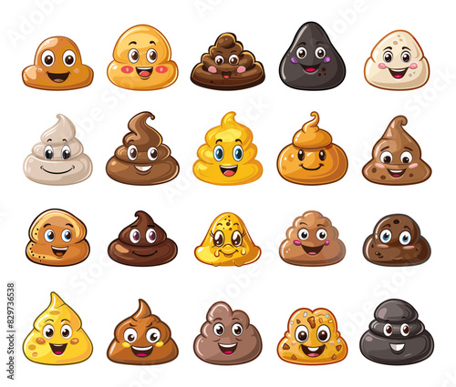 Cartoon Different Poop Elements With Happy Faces Icons Set. Simple Vector Cartoon Style White Background. Feces Excrement Waste Pile Stool Illustration