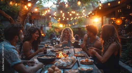 A group of diverse friends sharing a meal and toasts at an outdoor evening gathering with warm lights