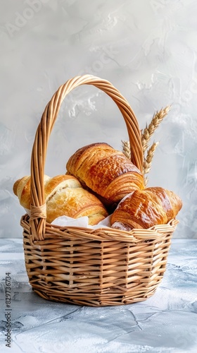 various breads and croissants in a basket on a white background, with professional color grading, soft shadows, and no contrast.