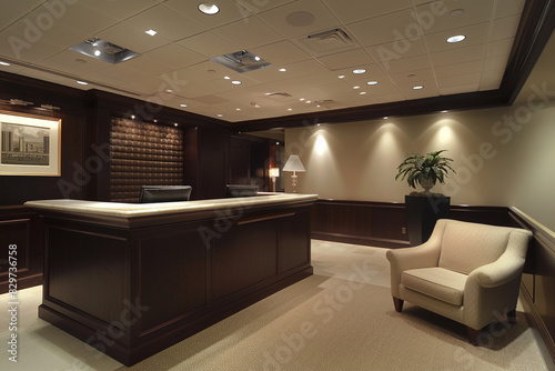 An upscale office reception with a dark wooden reception counter  a cream-colored sofa chair  and ambient lighting from recessed ceiling fixtures.