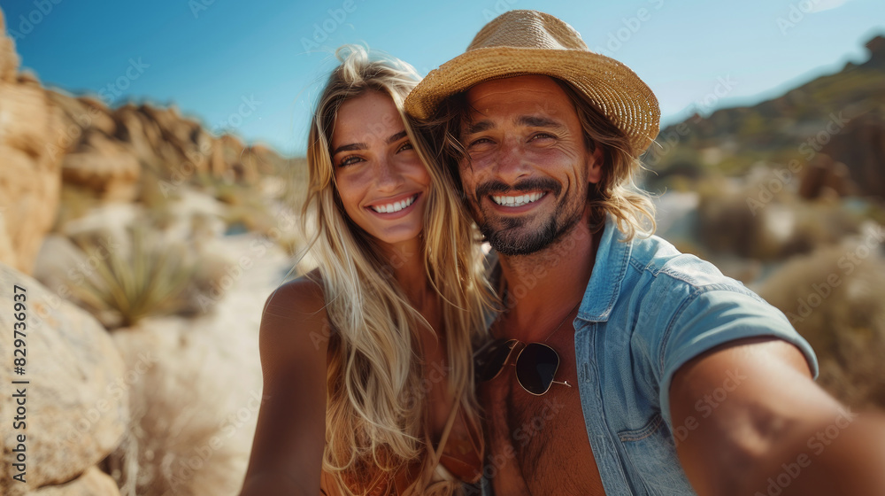 Happy couple wearing summer outfits poses in the desert with a carefree attitude and embracing each other Happy couple wearing summer outfits poses in the desert with a carefree attitude and embracing each other