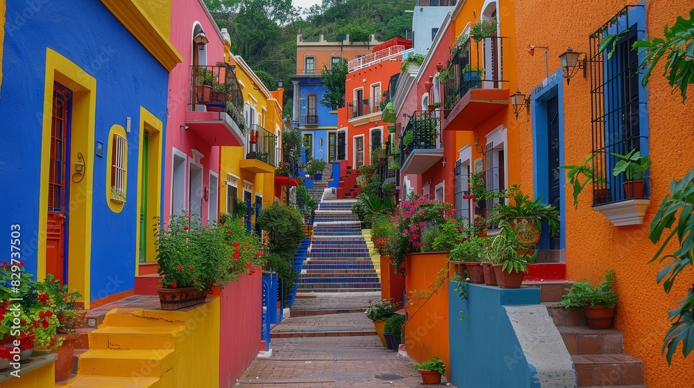Fototapeta premium Striking image of a colorful Mexican street with bright houses and a steep staircase in the vibrant neighborhood