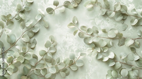 Collection of eucalyptus leaves spread out on a textured green background