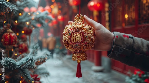 Hand holding a traditional Chinese New Year decoration with symbols for luck and prosperity