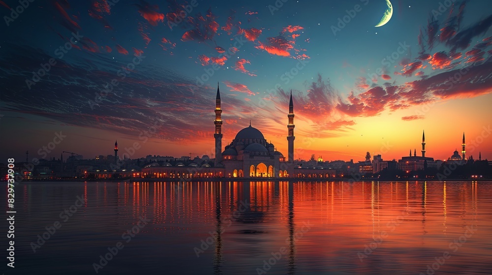Serene view of a mosque silhouette against a vibrant sunset sky and a crescent moon