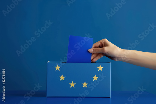 person casting a vote into a ballot box with european union flag on a blue background, elections concept 
