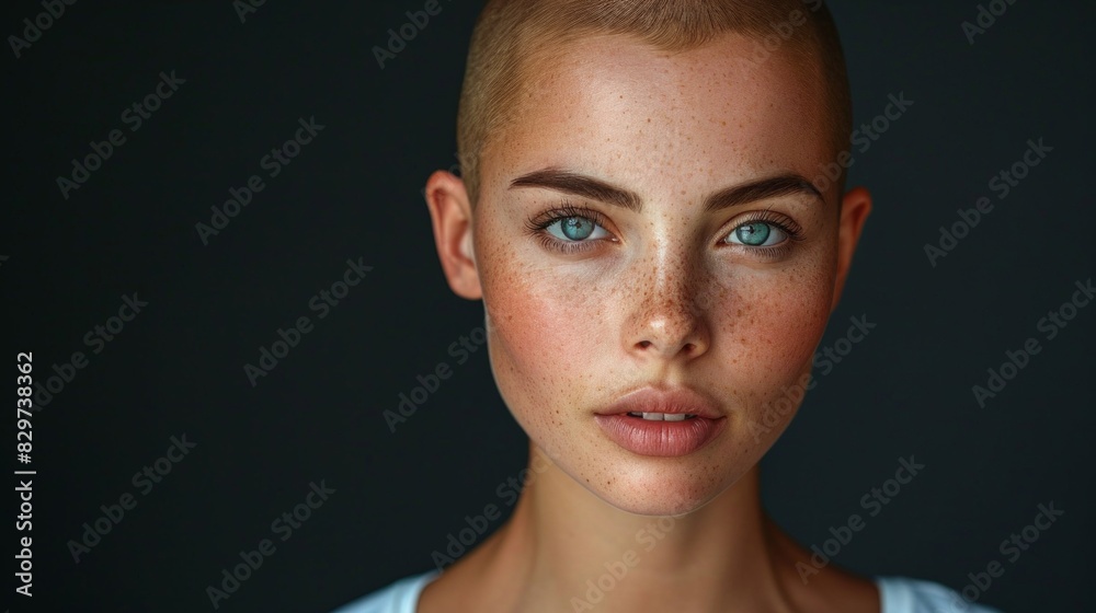 A striking portrait of a young woman with freckles, a shaved head, and captivating gaze A striking portrait of a young woman with freckles, a shaved head, and captivating gaze