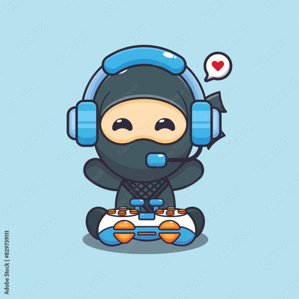 Cute ninja playing a game cartoon vector illustration
