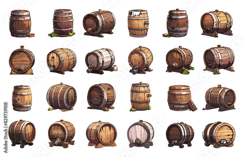 Cartoon Oak Wine Barrels from Different Angles Icons Set. Simple Vector Cartoon Style. White Background. Winemaking Winery Cellar Beverage Alcohol Storage Wooden Illustration