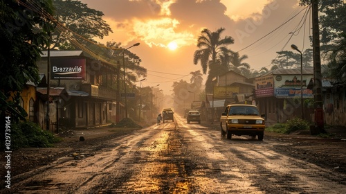 A serene sunrise encompasses a tropical street in a misty morning ambiance, illuminating signs and vehicles © AS Photo Family