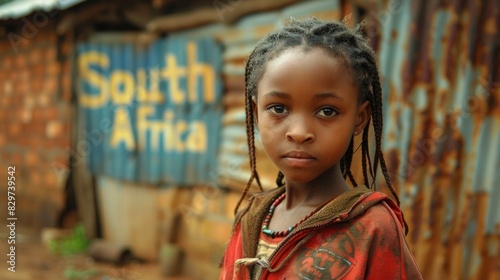 A young girl's expressive eyes reveal depth and emotion in this haunting portrait set against a South African shack backdrop photo