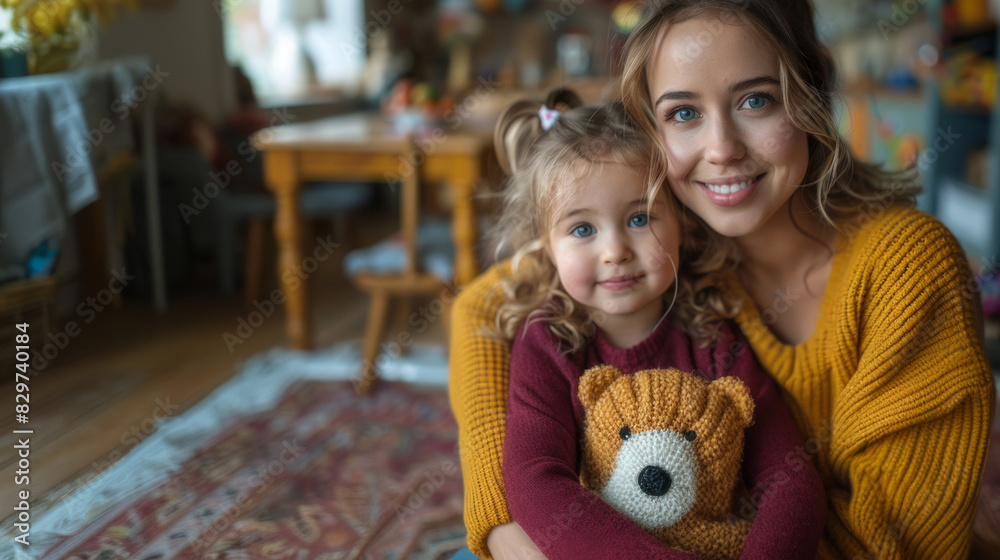A heartwarming portrait of a mother and her little daughter hugging, radiating love and comfort in a home setting A heartwarming portrait of a mother and her little daughter hugging, radiating love and comfort in a home setting