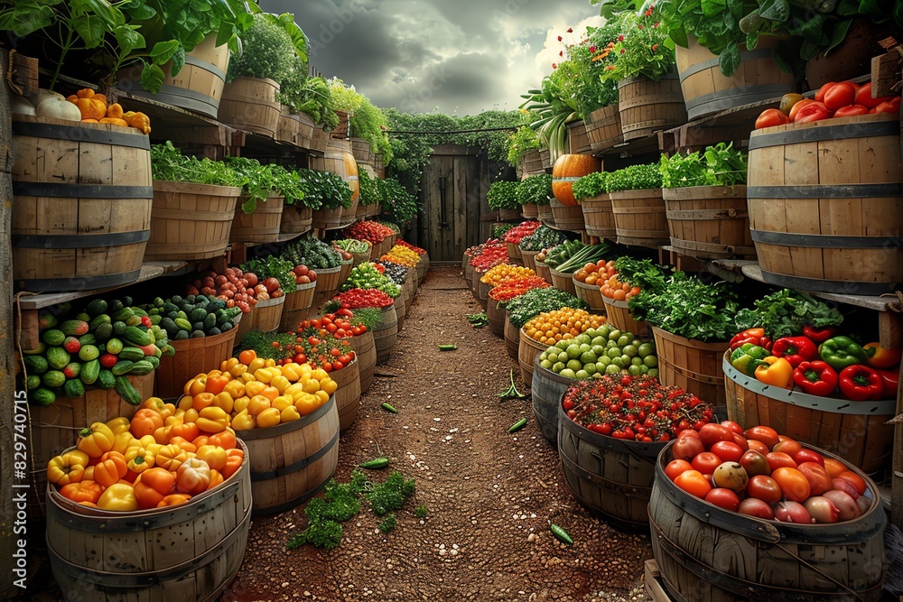 A colorful aisle of fresh produce in wooden barrels, showcasing a variety of vegetables and fruits.