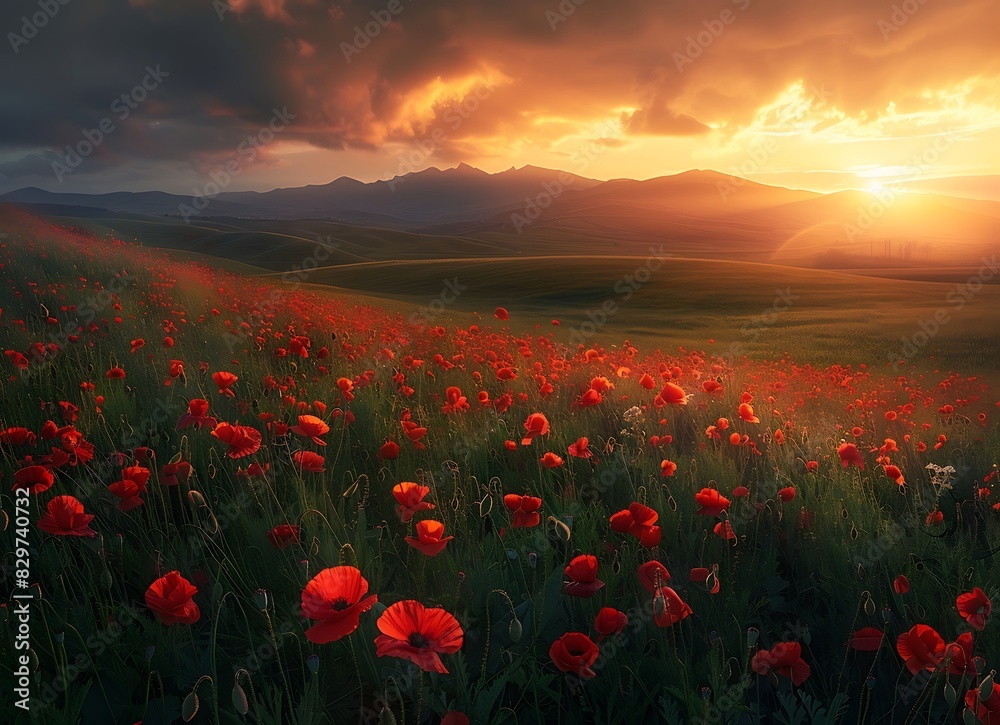 Beautiful poppy field at sunset in the grasslands of Andalusia
