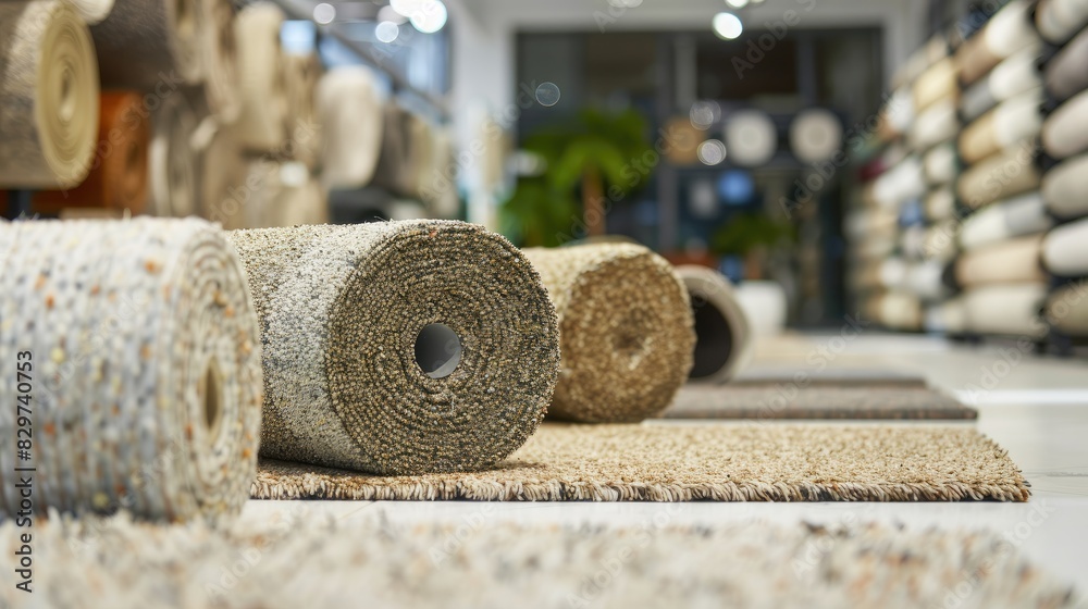Carpet rolls in various colors and textures, including beige, white, and gray, displayed at a store for commercial use.