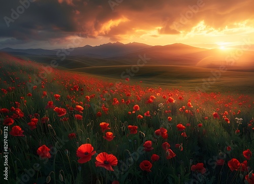 Beautiful poppy field at sunset in the grasslands of Andalusia