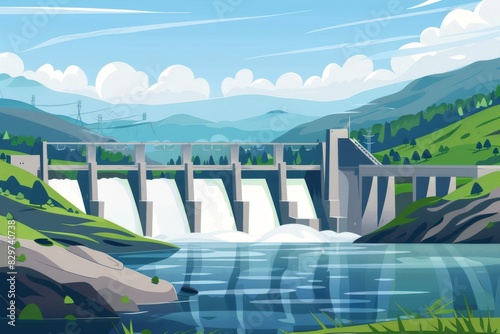 River Painting With Dam in Background