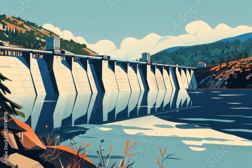 Painting of a Dam Along a River