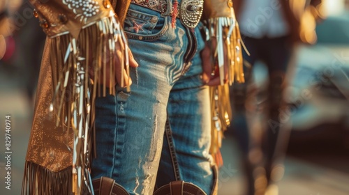 A gl twist on traditional cowboy attire a metallic fringe coat is paired with a rhinestonestudded cowboy hat and thighhigh cowboy boots. photo