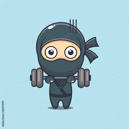 Cute ninja lifting barbell cartoon vector illustration.
