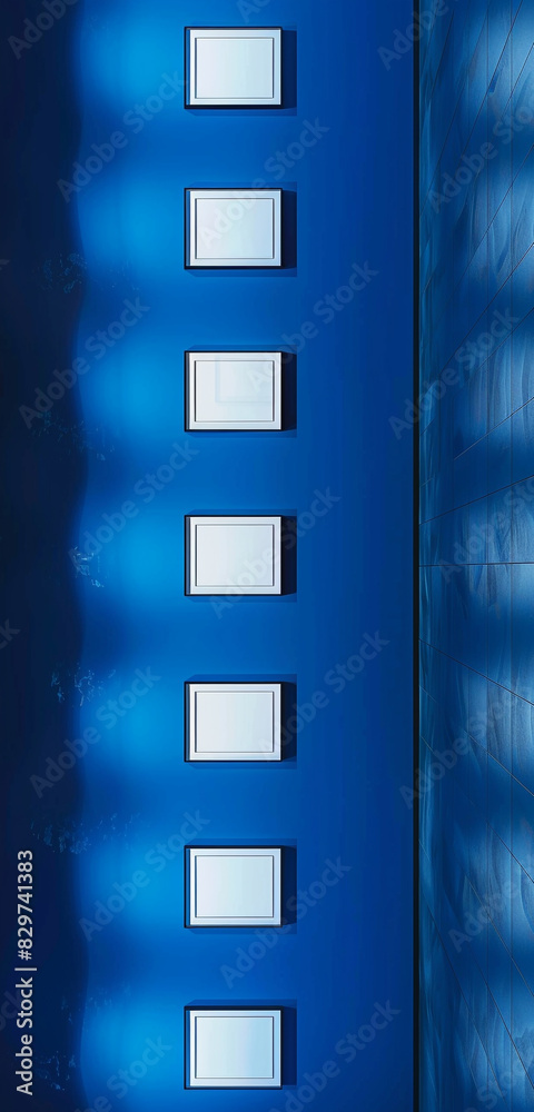 Art gallery's deep blue wall adorned with tiny square empty frames, structured for a panoramic effect. Art gallery's deep blue wall adorned with tiny square empty frames, structured for a panoramic effect.
