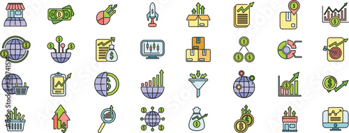 Emerging market icons set outline vector. Payment chart. Fintech platform thin line color flat on white