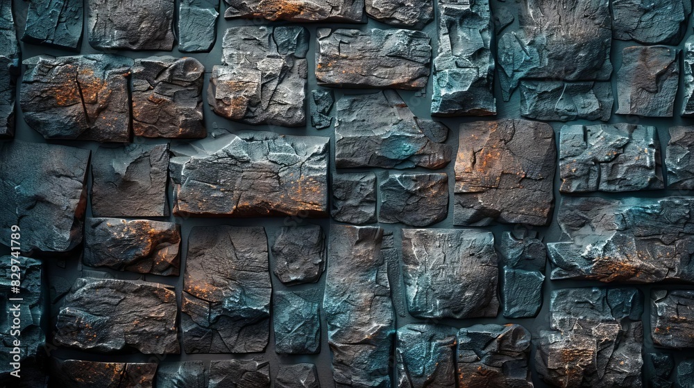 Fototapeta premium Close-up view of weathered stone wall with rough texture and varied stone sizes, ideal for backgrounds or architectural designs.