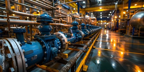 Industrial plant with liquid pump pipelines and valves for production equipment. Concept Industrial Plant, Liquid Pump, Pipelines, Valves, Production Equipment photo