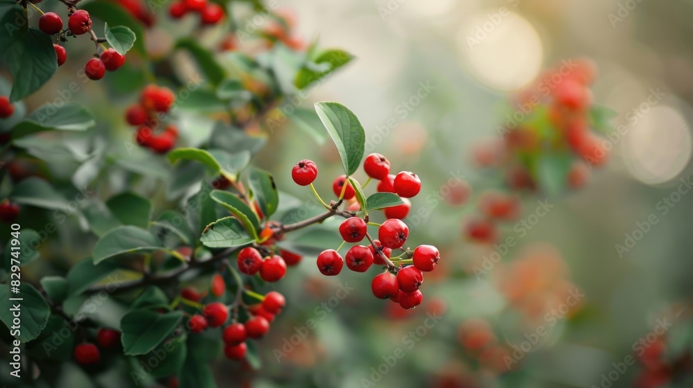 Vivid red berries on the tree in the garden up close empty space for text Vivid red berries on the tree in the garden up close empty space for text