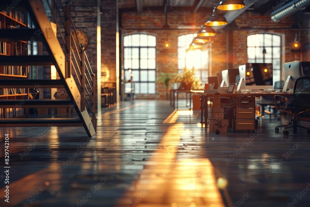 Modern open-plan loft office with industrial design, large windows, and warm lighting. Featuring desks, computers, and a staircase. Modern open-plan loft office with industrial design, large windows, and warm lighting. Featuring desks, computers, and a staircase.