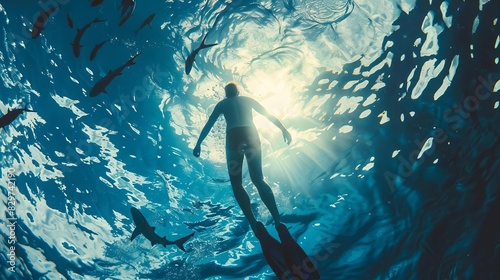 Silhouette of a person swimming underwater with sunrays piercing through the surface and fish swimming around, creating a serene diving scene. photo