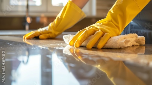 Meticulous Care: Close-Up of Cleaner's Hands Cleaning Kitchen Countertop with Microfiber Cloth