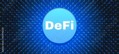 DeFi Decentralized Finance banner for cryptocurrency, blockchain.
