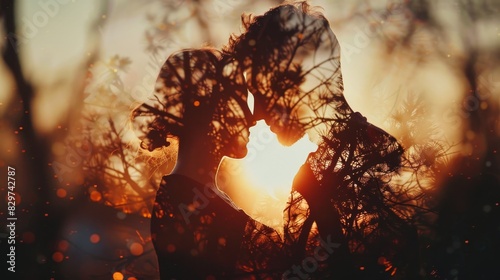 A romantic double exposure photograph of a couple embracing with sunlight and trees. Artful and emotional depiction of love and nature.