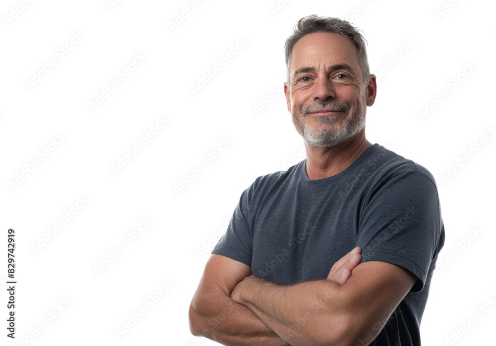Obraz premium Middle-Aged Man in Dark Grey T-Shirt Smiling on White Background