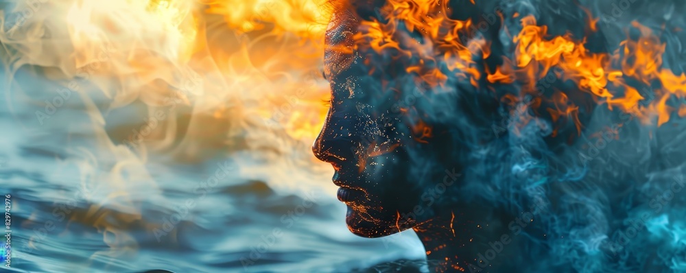 A surreal image of a silhouette with fire and water elements, symbolizing the balance between opposing forces. Abstract and conceptual art. A surreal image of a silhouette with fire and water elements, symbolizing the balance between opposing forces. Abstract and conceptual art.