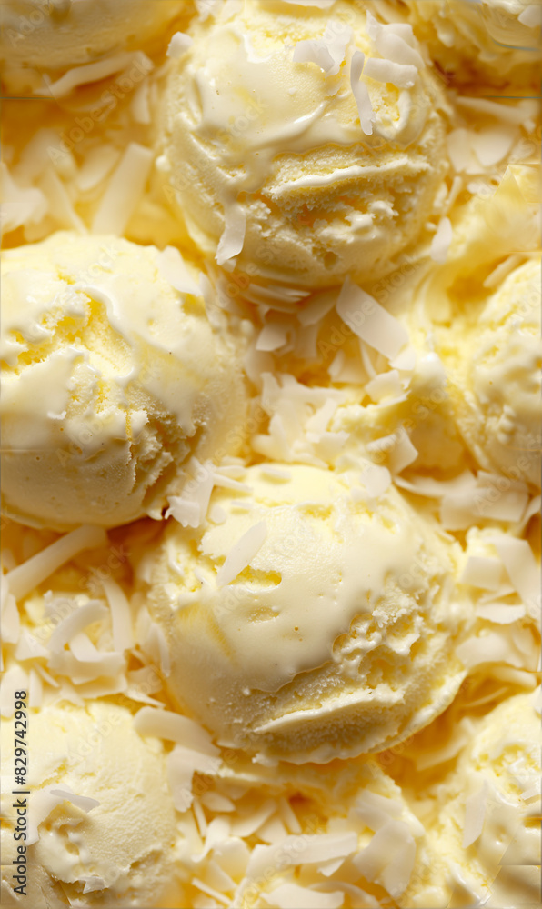 pineapple coconut ice cream surface close-up shot, a closeup of the pineapple coconut ice cream texture, featuring its creamy base with pieces of pineapple and coconut flakes pineapple coconut ice cream surface close-up shot, a closeup of the pineapple coconut ice cream texture, featuring its creamy base with pieces of pineapple and coconut flakes