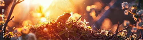 A small rodent sits atop a nest surrounded by lush greenery and bathed in golden hour sunlight, creating a serene and warm atmosphere in nature.