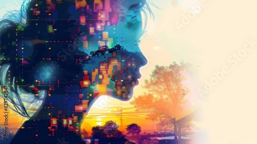 A surreal digital art piece featuring a woman's silhouette overlaid with vibrant geometric patterns against a sunset background.