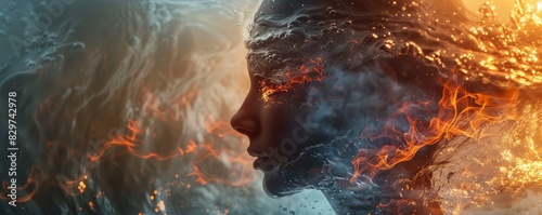 A surreal digital artwork depicting a face blending with elements of fire and water, symbolizing balance and duality in nature.