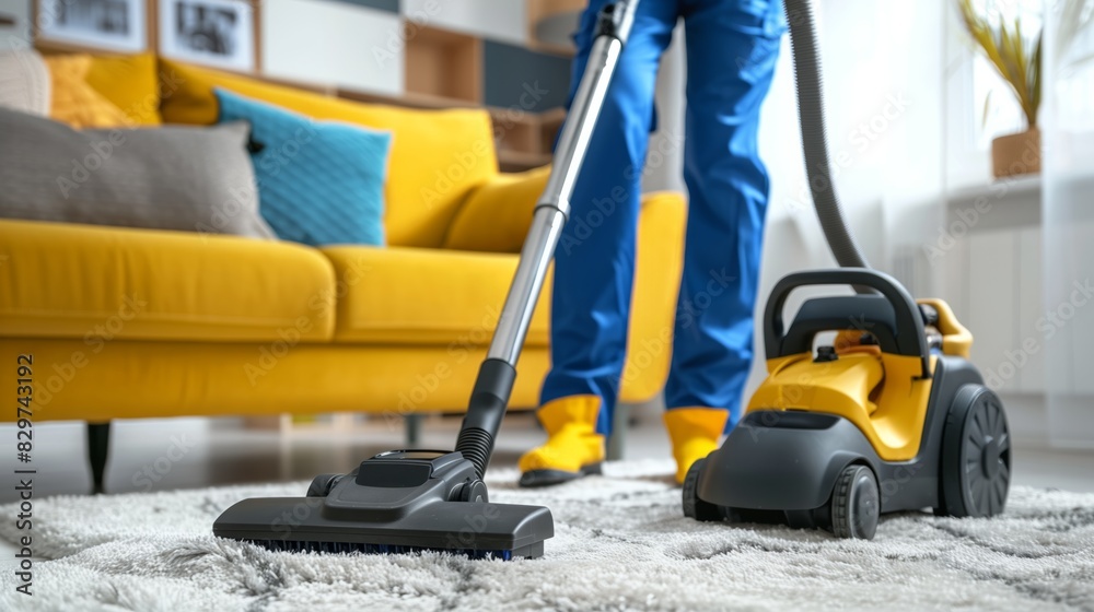 Professional Cleaner Dusting Living Room Carpet Professional Cleaner Dusting Living Room Carpet