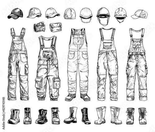 Doodle Style Different Overalls for Work in Production, Construction, Industry Icon Set. Overall, Workwear, Uniform, Coverall, Boiler suit, Protective, Construction, Industrial, Factory, Manufacturing photo