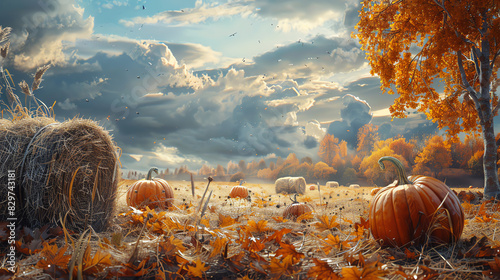 Autumn harvest scene with pumpkins and hay bales photo