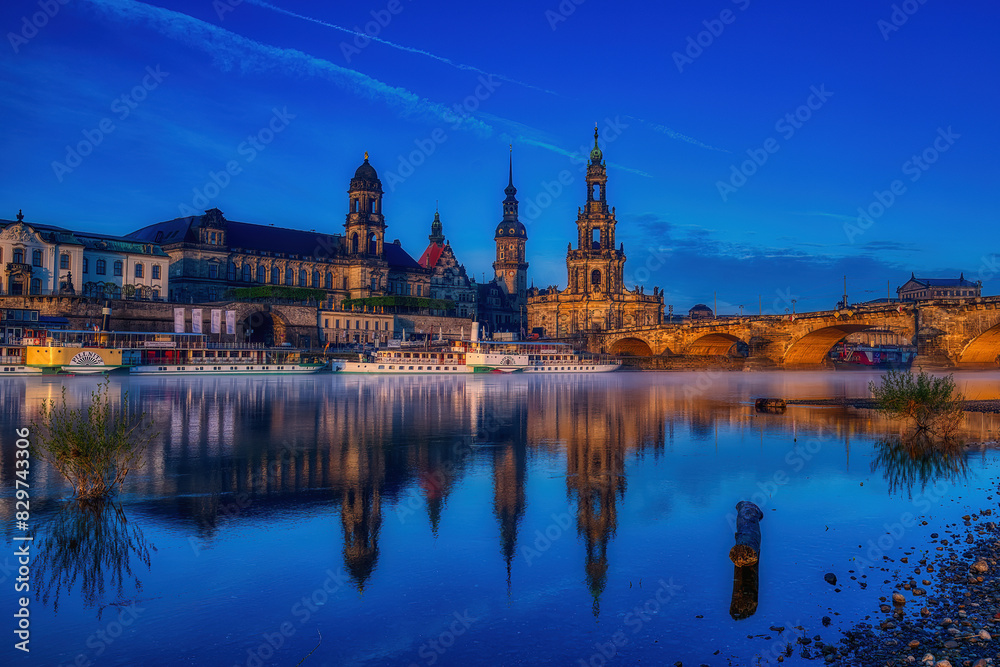Scenic view of Konigsufer, Dresden, Germany in twilight