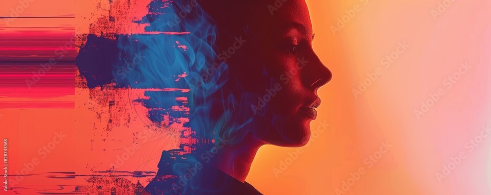Abstract portrait of a woman with glitch effect on a vibrant background, combining elements of art and technology. Abstract portrait of a woman with glitch effect on a vibrant background, combining elements of art and technology.
