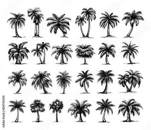 Doodle Style Different Palm Trees Icons. Hand Drawn Black Tropical Tree Illustrations on White Background. Simple Style Nature Beach Vacation Summer Exotic Trees